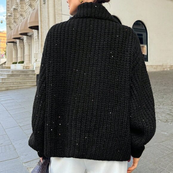 Black Casual Women's Loose Sequin Knit Sweater Jacket - Picture 2 of 5